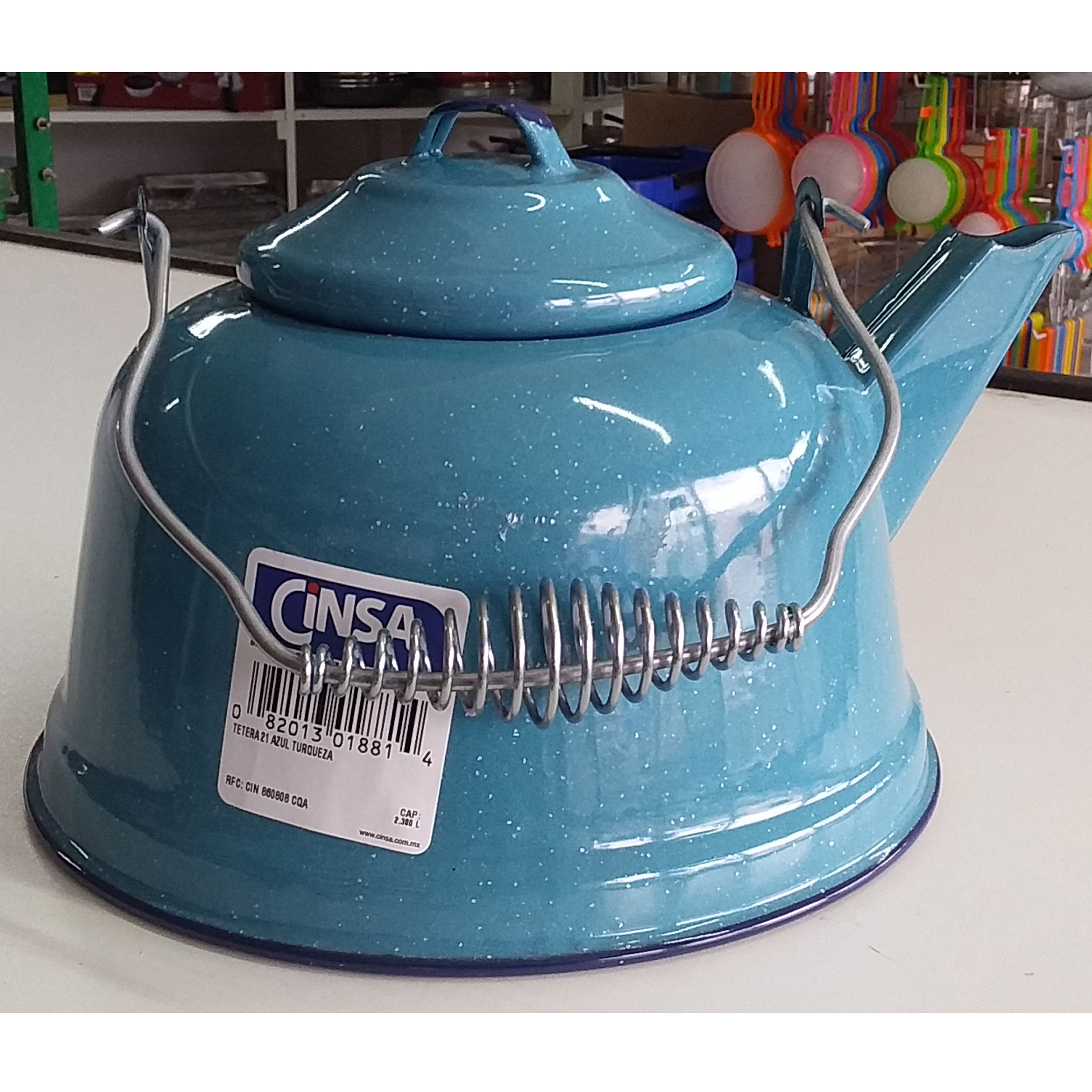 Tetera 2.3 litros peltre azul turquesa CINSA